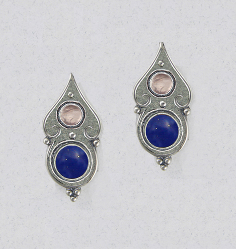 Sterling Silver Gothic Look Post Stud Earrings With Lapis Lazuli And Rose Quartz